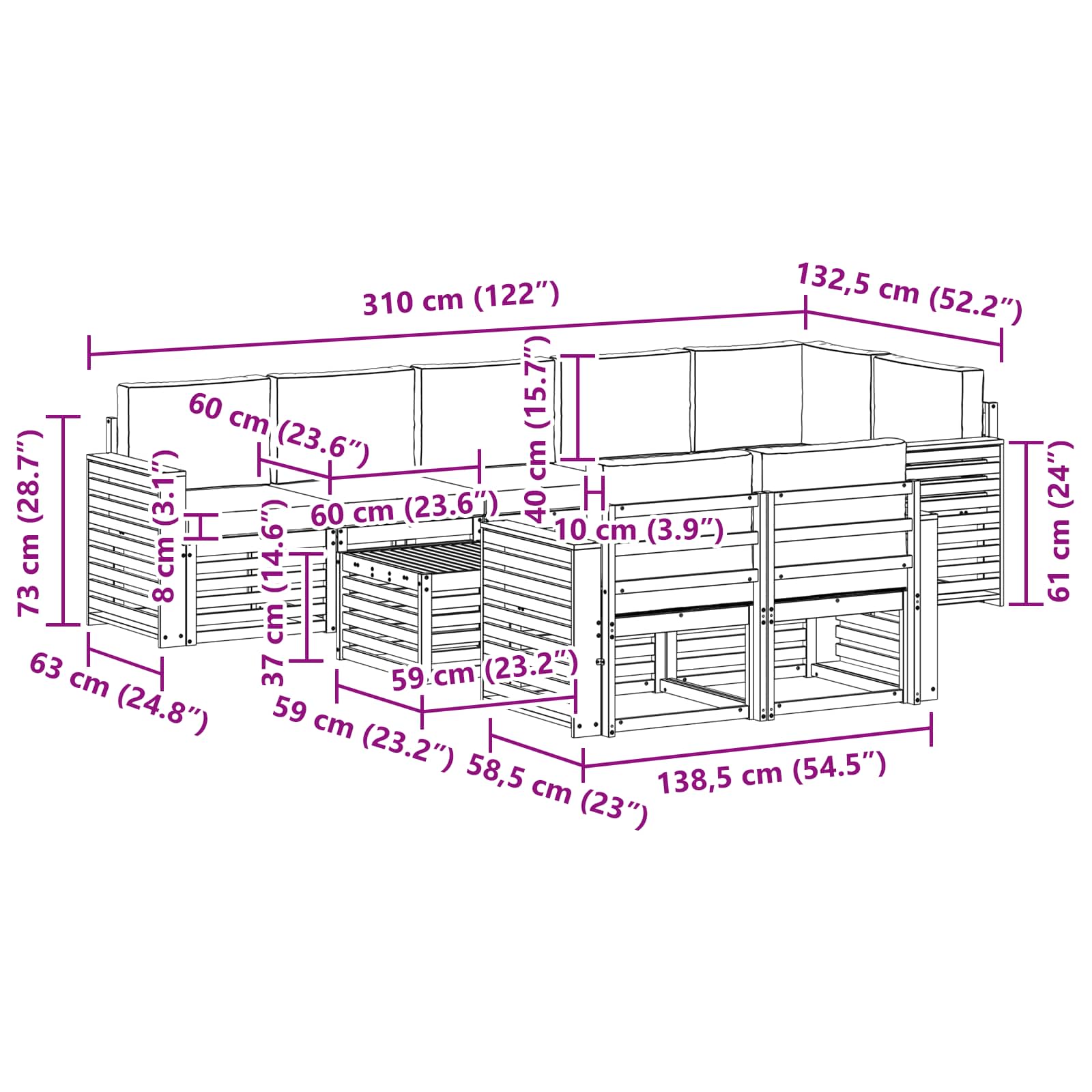 Outdoor-Sofagarnitur 9 pcs Weiß und Creme 59 x 59 x 37 cm