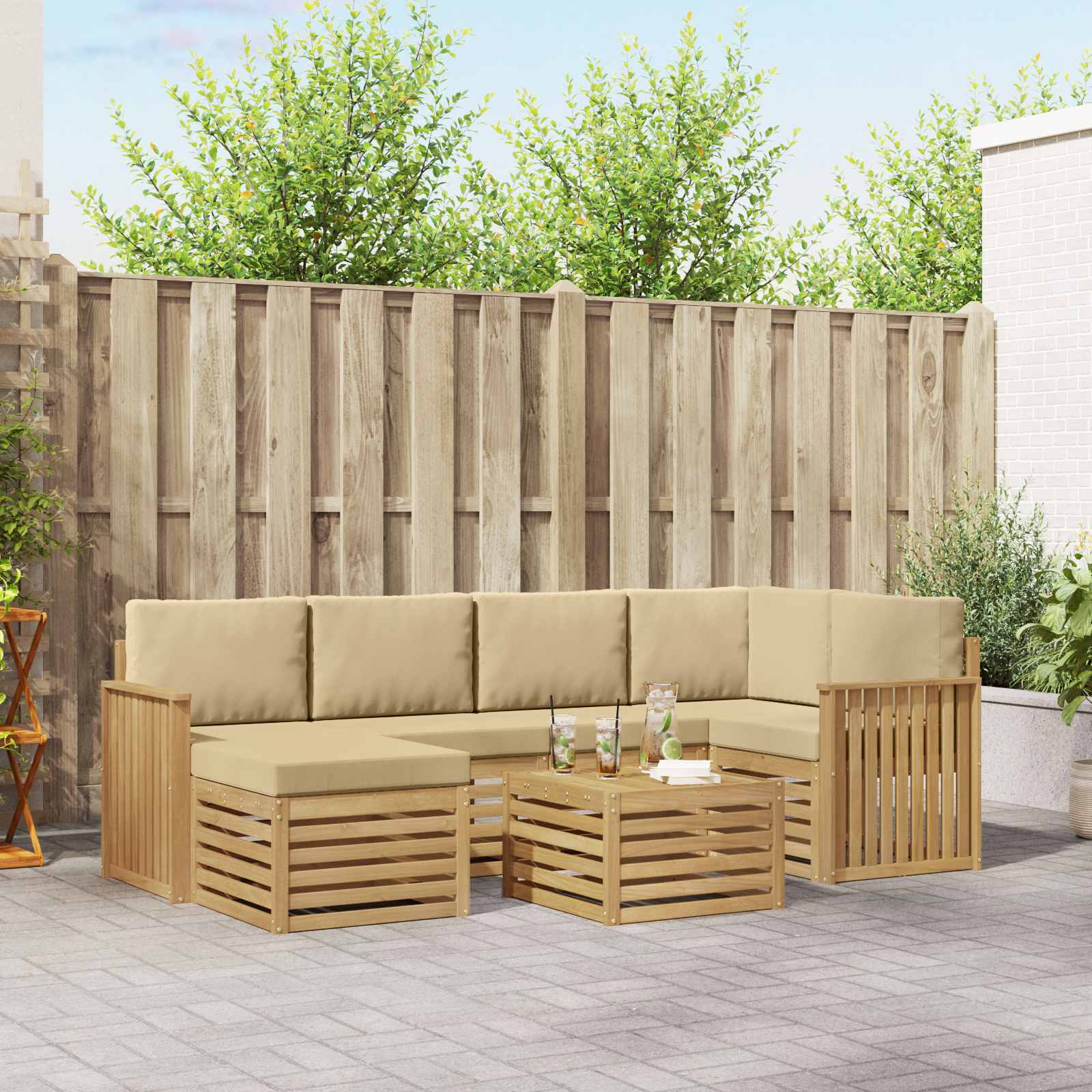 Outdoor-Sofagarnitur 7 pcs Weiß und Beige Polyester