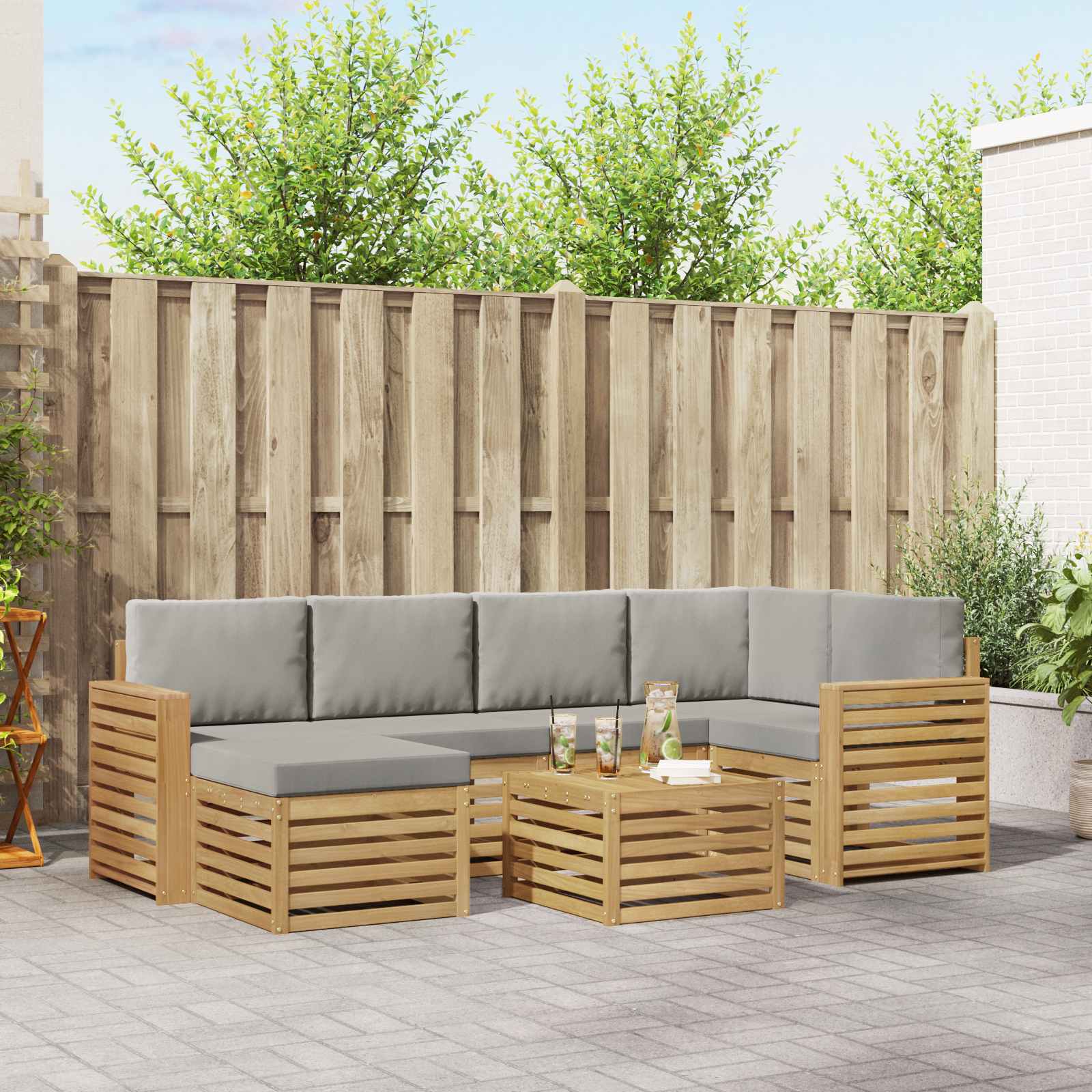 Outdoor-Sofagarnitur 7 pcs Weiß und Hellgrau Polyester