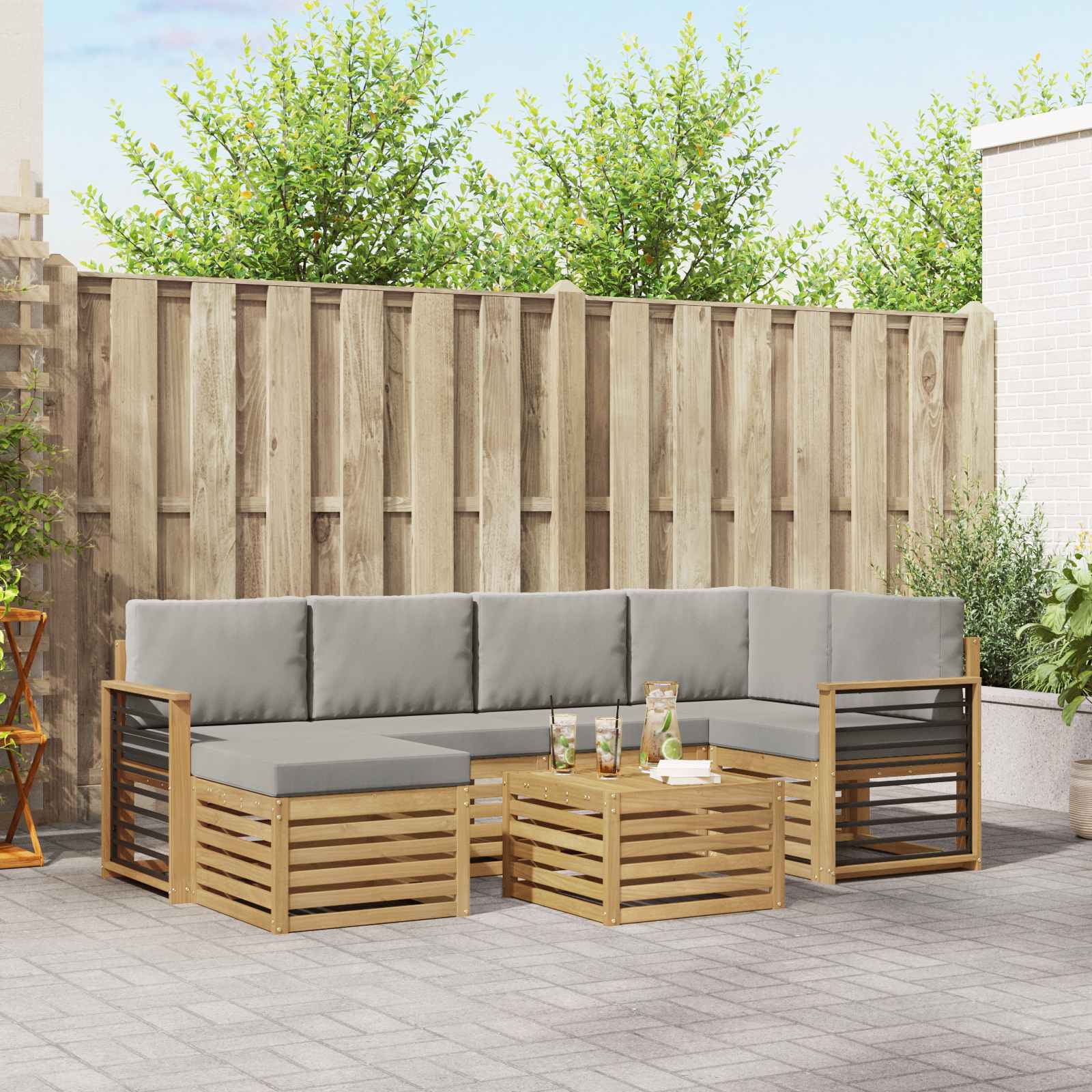 Outdoor-Sofagarnitur 7 pcs Weiß und Hellgrau Polyester