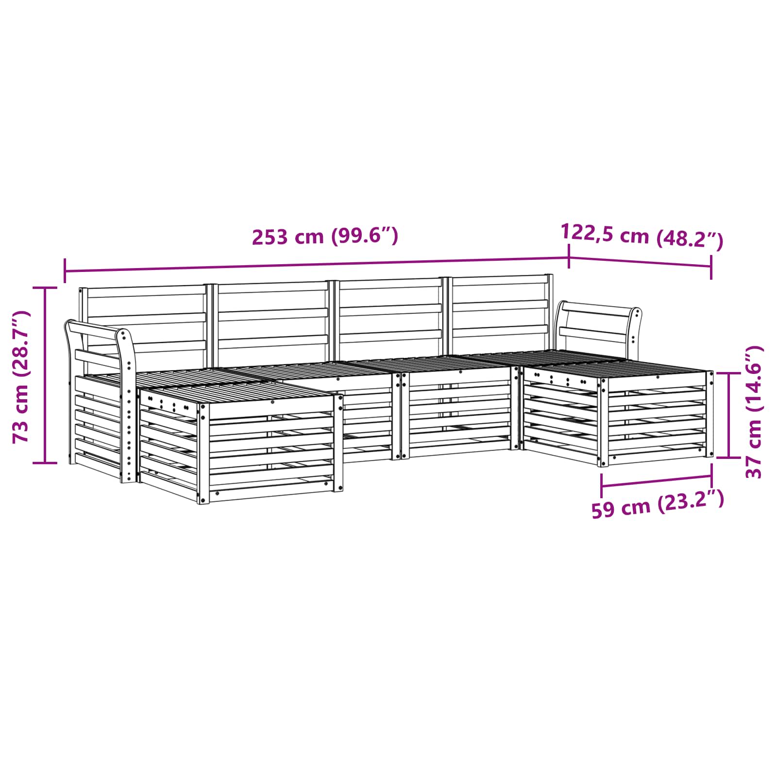 Outdoor-Sofagarnitur 6 pcs Weiß 253 x 122,5 x 73 cm