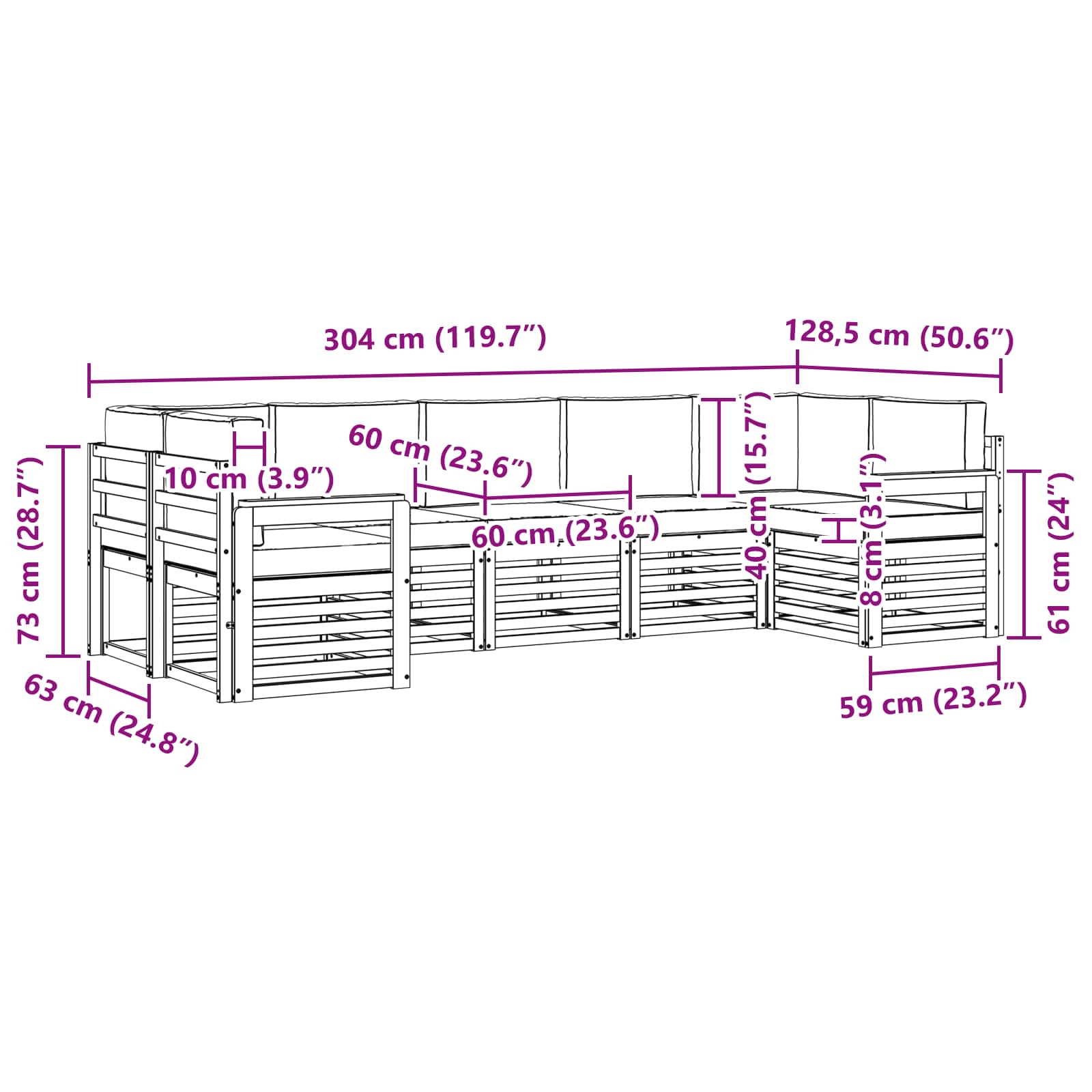 Outdoor-Sofagarnitur 6 pcs Weiß und Creme 304 x 128,5 x 73 cm