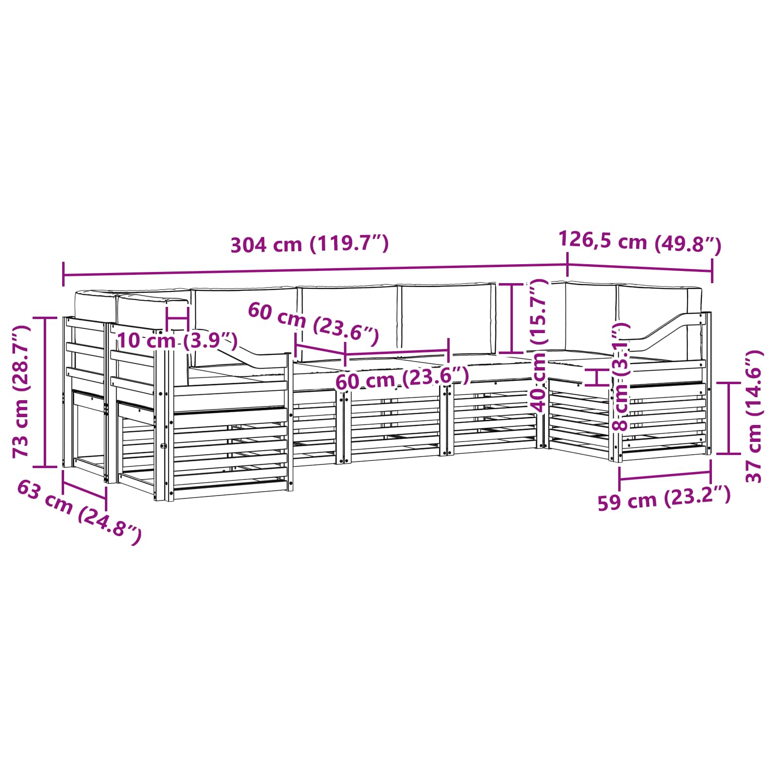 Ecksofa Set 7 pcs Weiß und Hellgrau 304 x 126,5 x 73 cm