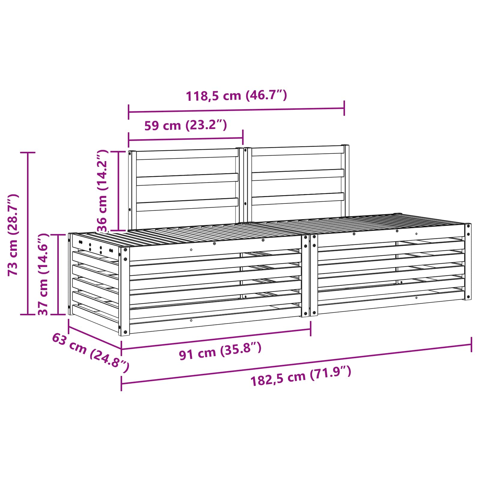 Outdoor-Sofagarnitur 3 Stück Weiß 182,5 x 63 x 73 cm