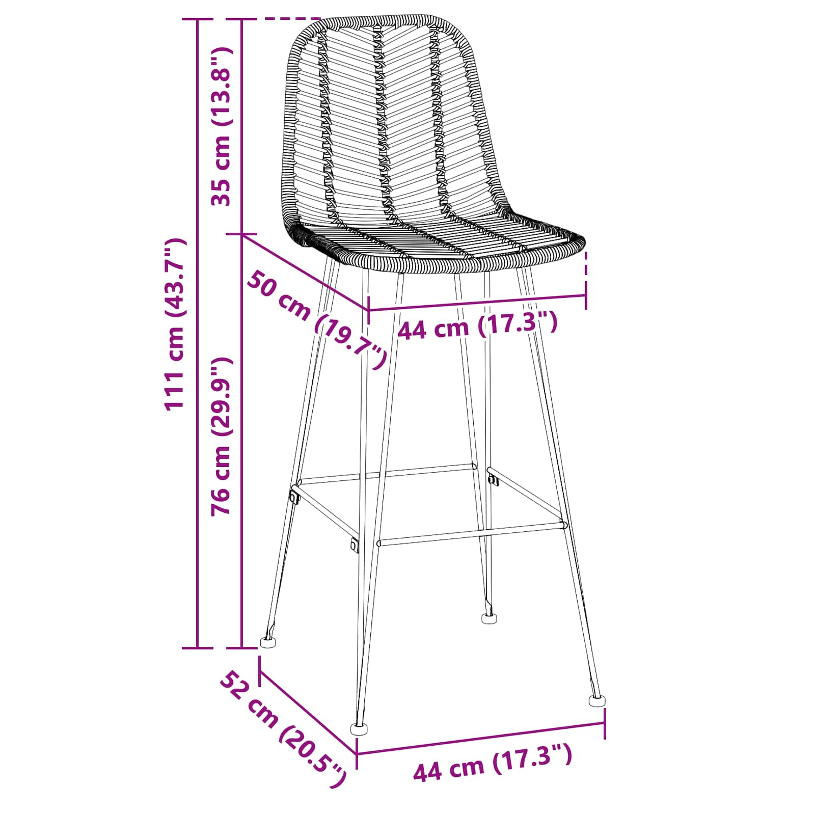 Barstuhl 2 pcs 44 x 52 x 111 cm Rattan und Eisen