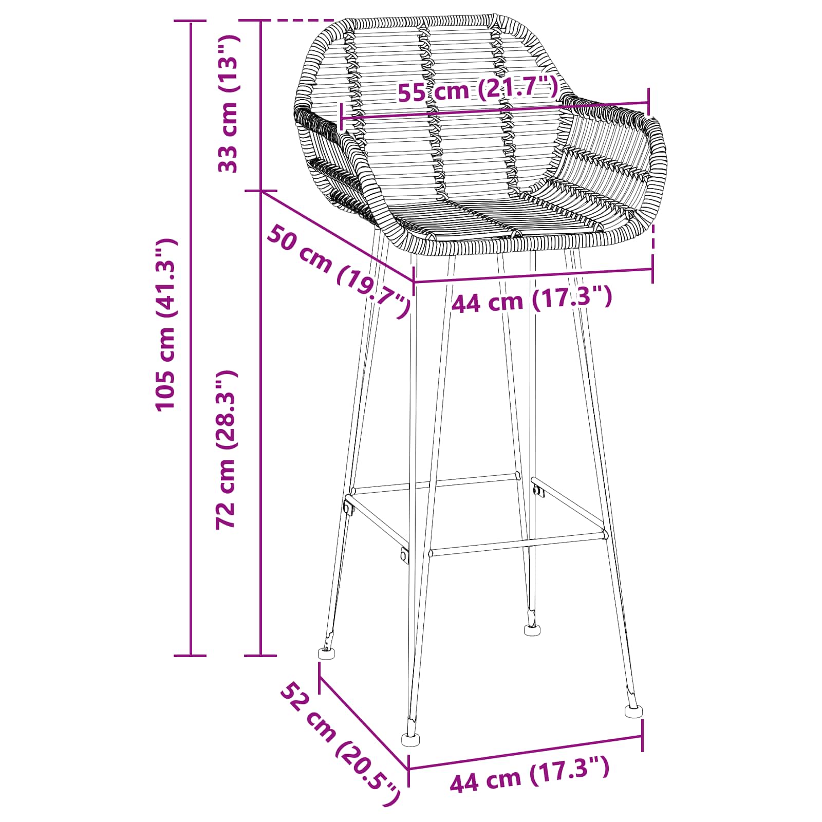 Barstuhl 2 pcs 55 x 52 x 105 cm Rattan und Eisen
