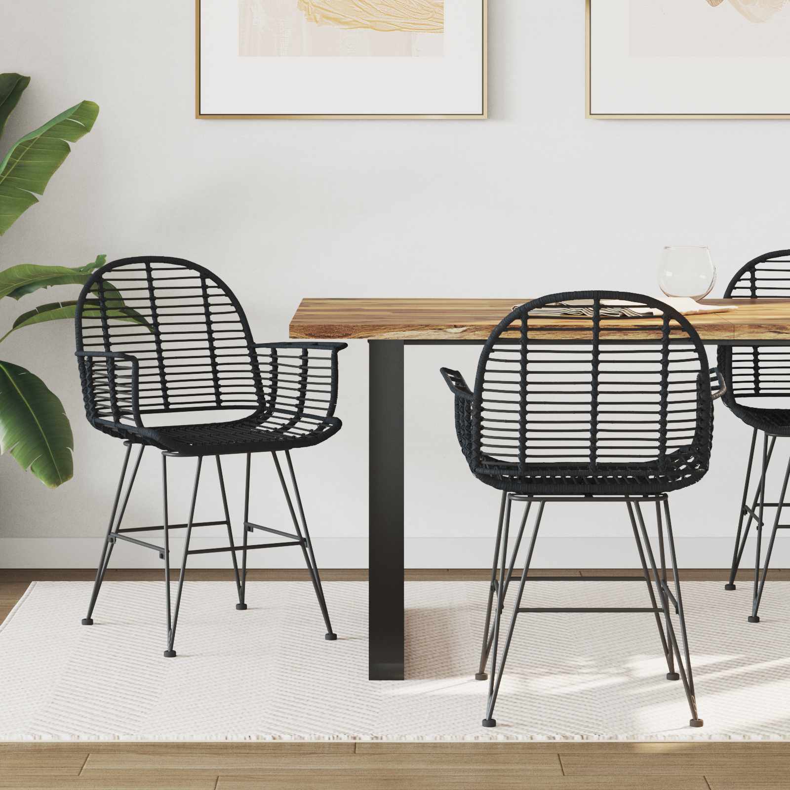 Esszimmerstuhl 2 pcs Rattan und Eisen Schwarz 57 x 55 x 85 cm