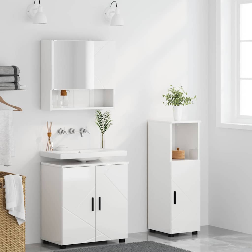 Badezimmermöbel-Set 3 pcs Hochglanz Weiß Holzwerkstoff & Metall