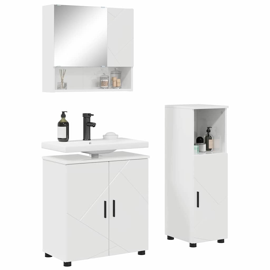 Badezimmermöbel-Set 3 pcs Hochglanz Weiß Holzwerkstoff & Metall