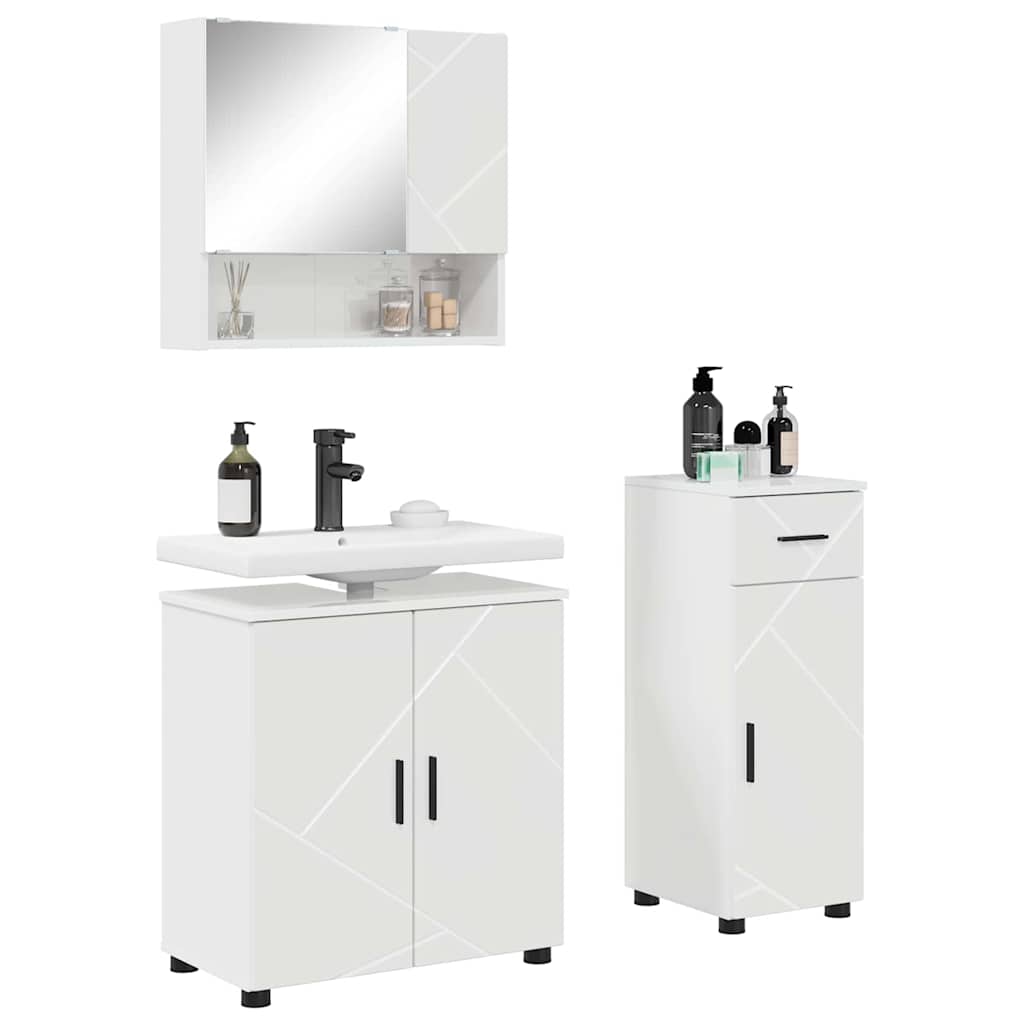 Badezimmermöbel-Set 3 pcs Hochglanz Weiß Holzwerkstoff & Metall