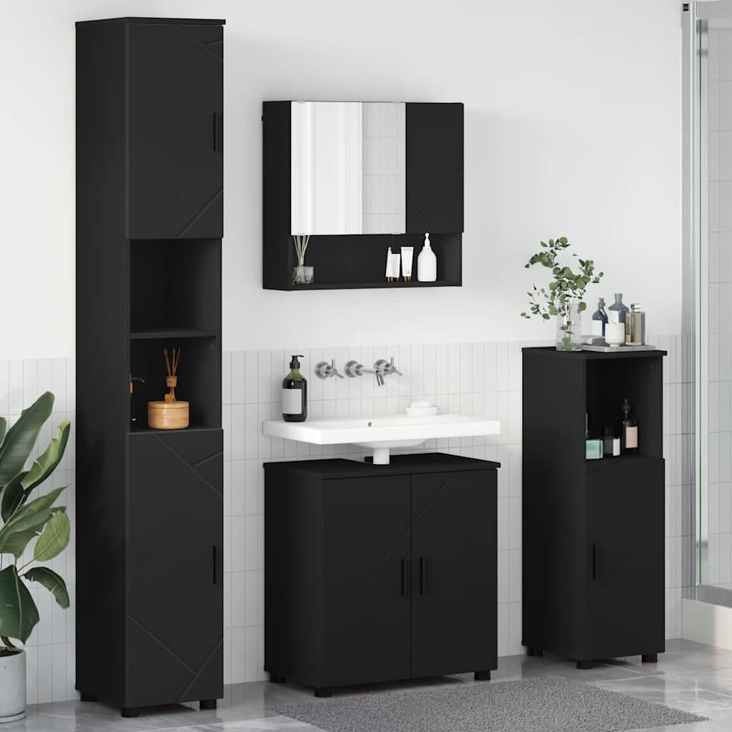 Badezimmermöbel-Set 4 pcs Schwarz Holzwerkstoff & Metall