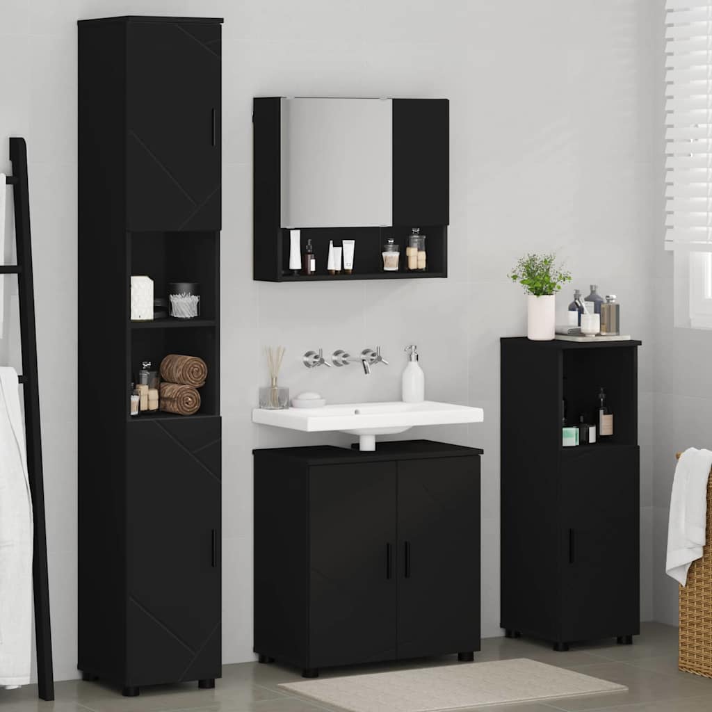 Badezimmermöbel-Set 4 pcs Schwarz Holzwerkstoff & Metall