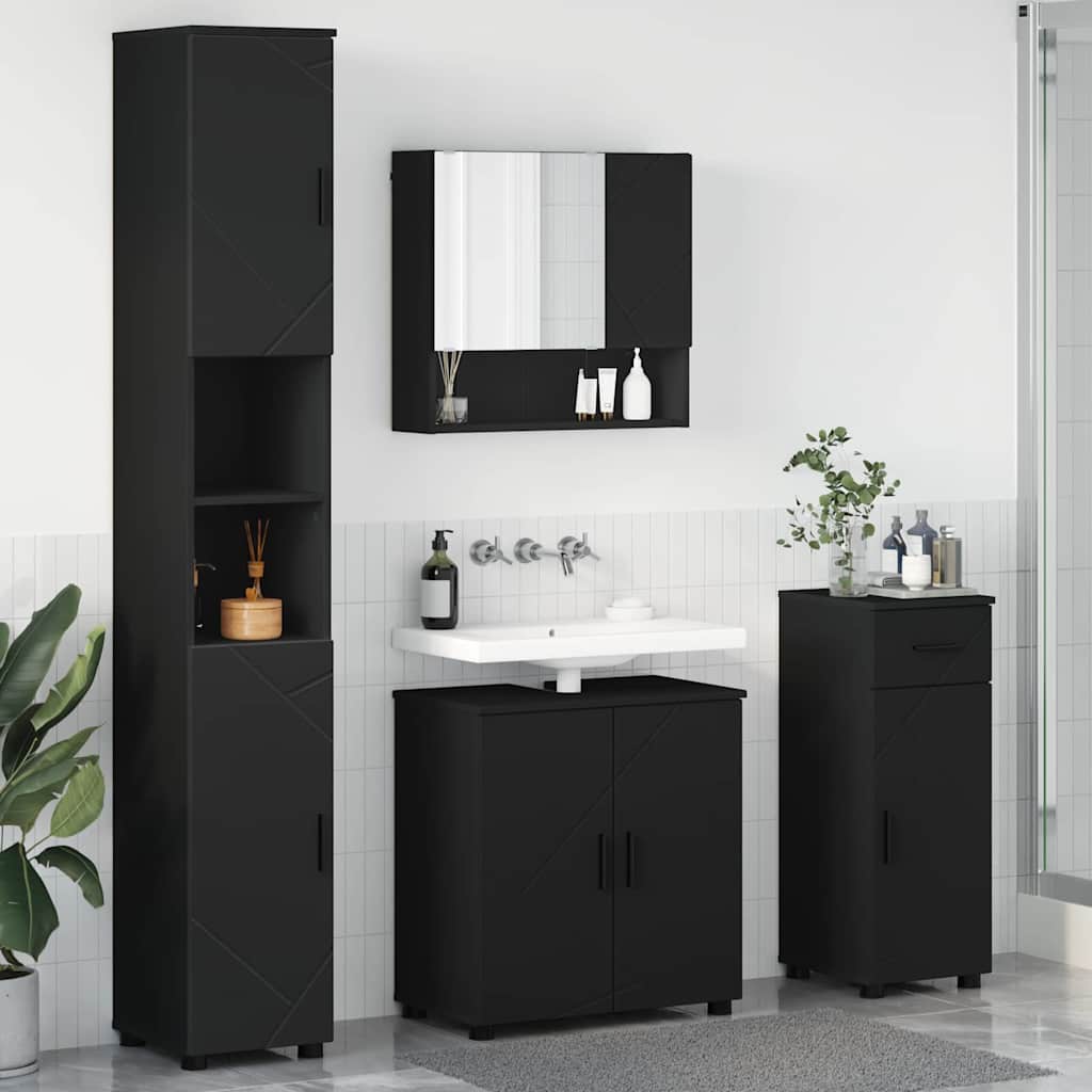 Badezimmermöbel-Set 4 pcs Schwarz Holzwerkstoff & Metall