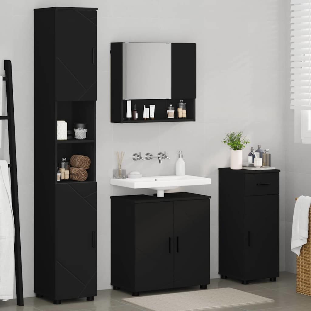 Badezimmermöbel-Set 4 pcs Schwarz Holzwerkstoff & Metall