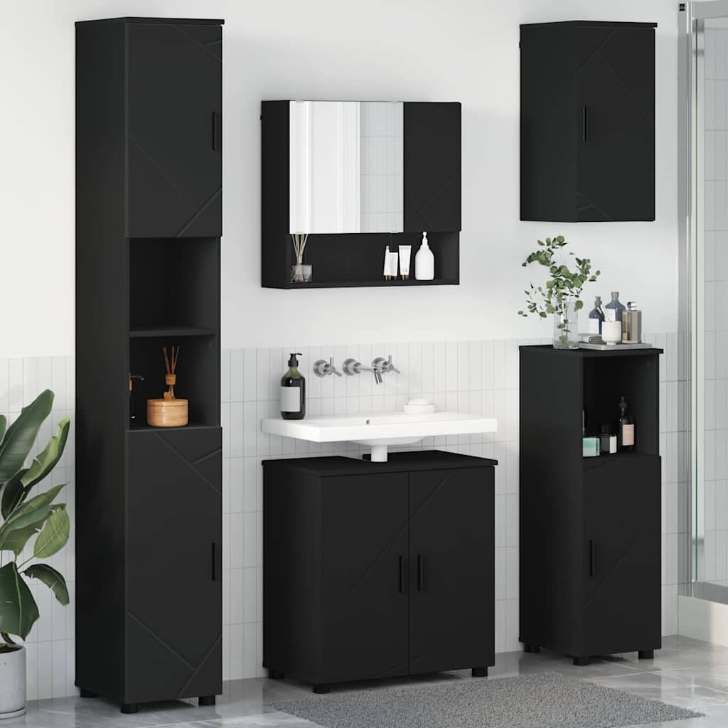 Badezimmermöbel-Set 5 pcs Schwarz Holzwerkstoff & Metall
