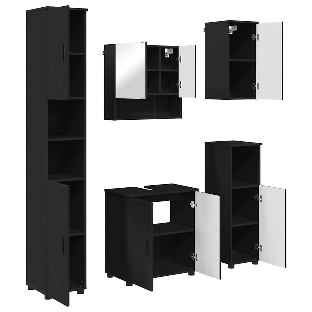 Badezimmermöbel-Set 5 pcs Schwarz Holzwerkstoff & Metall