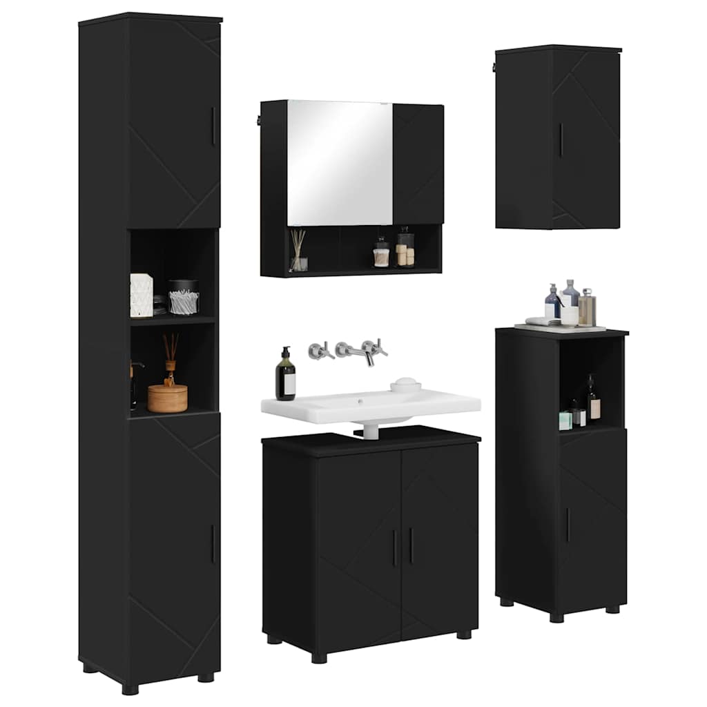 Badezimmermöbel-Set 5 pcs Schwarz Holzwerkstoff & Metall