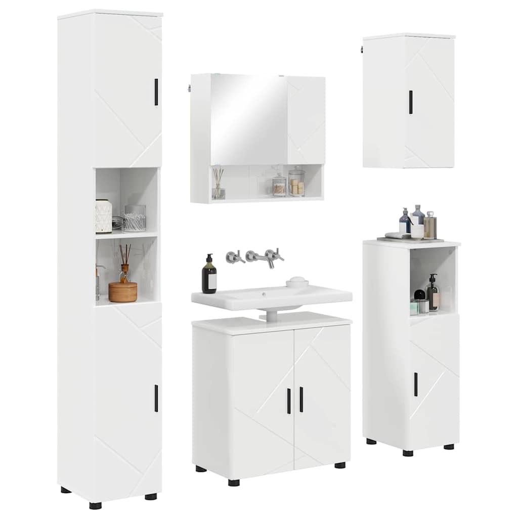 Badezimmermöbel-Set 5 pcs Hochglanz Weiß Holzwerkstoff & Metall
