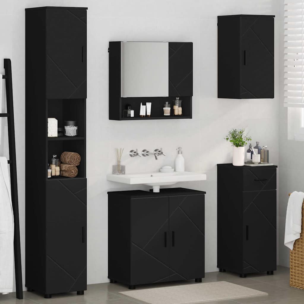 Badezimmermöbel-Set 5 pcs Schwarz Holzwerkstoff & Metall