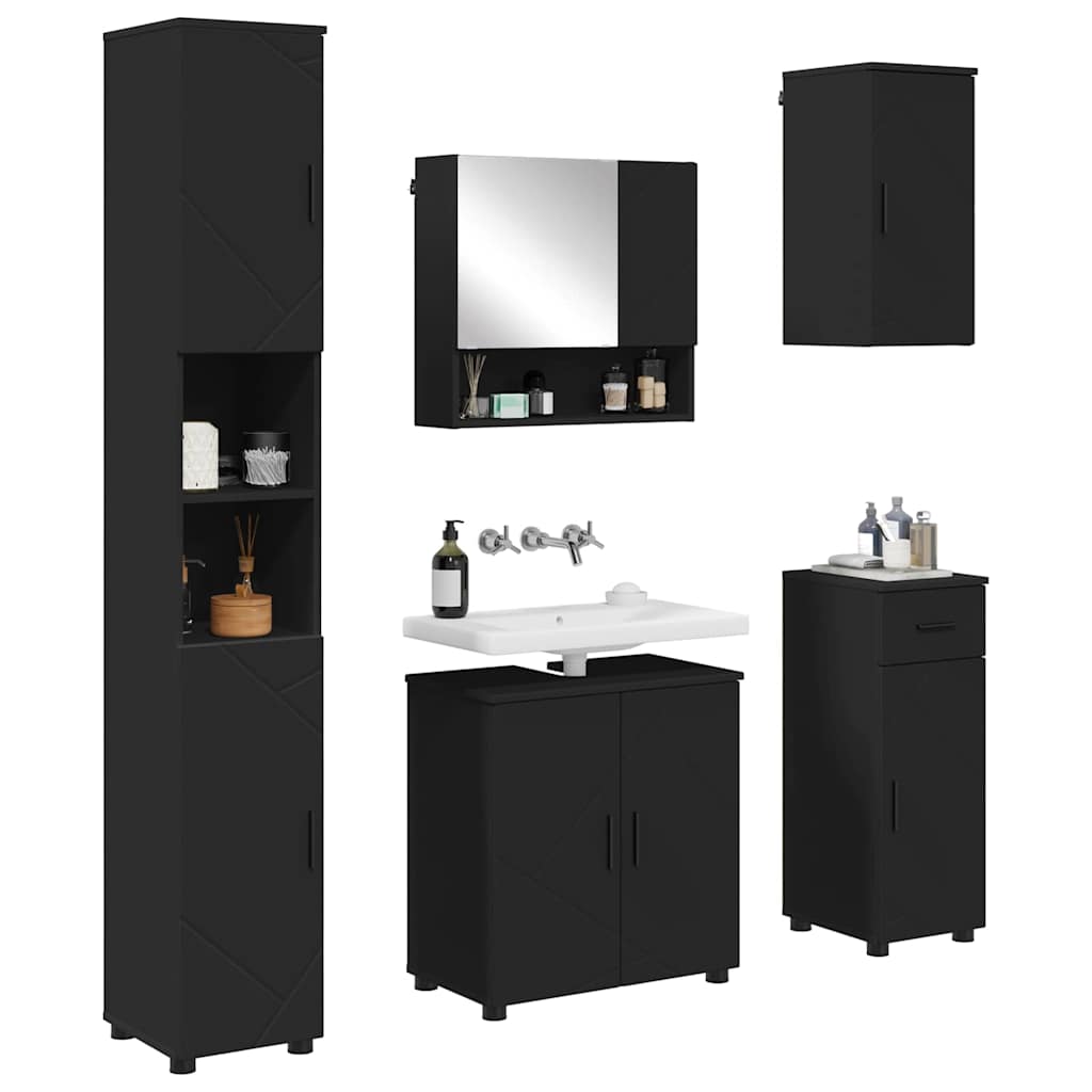 Badezimmermöbel-Set 5 pcs Schwarz Holzwerkstoff & Metall