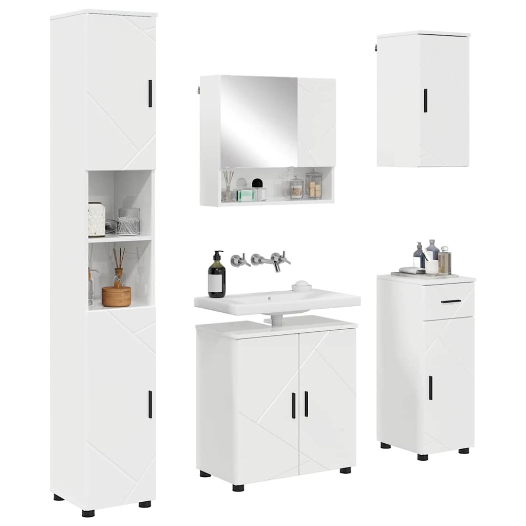 Badezimmermöbel-Set 5 pcs Hochglanz Weiß Holzwerkstoff & Metall