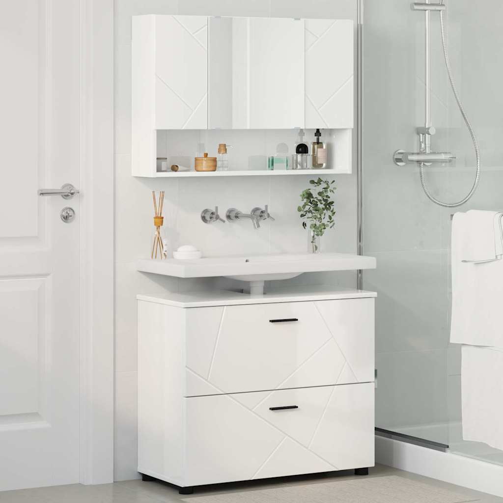 Badezimmermöbel-Set 2 pcs Hochglanz Weiß Sperrholz und Metall