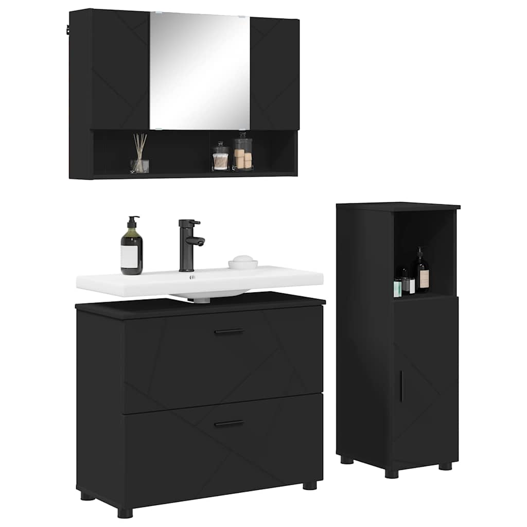 Badezimmermöbel-Set mit Tür 3 pcs Schwarz Sperrholz und Metall