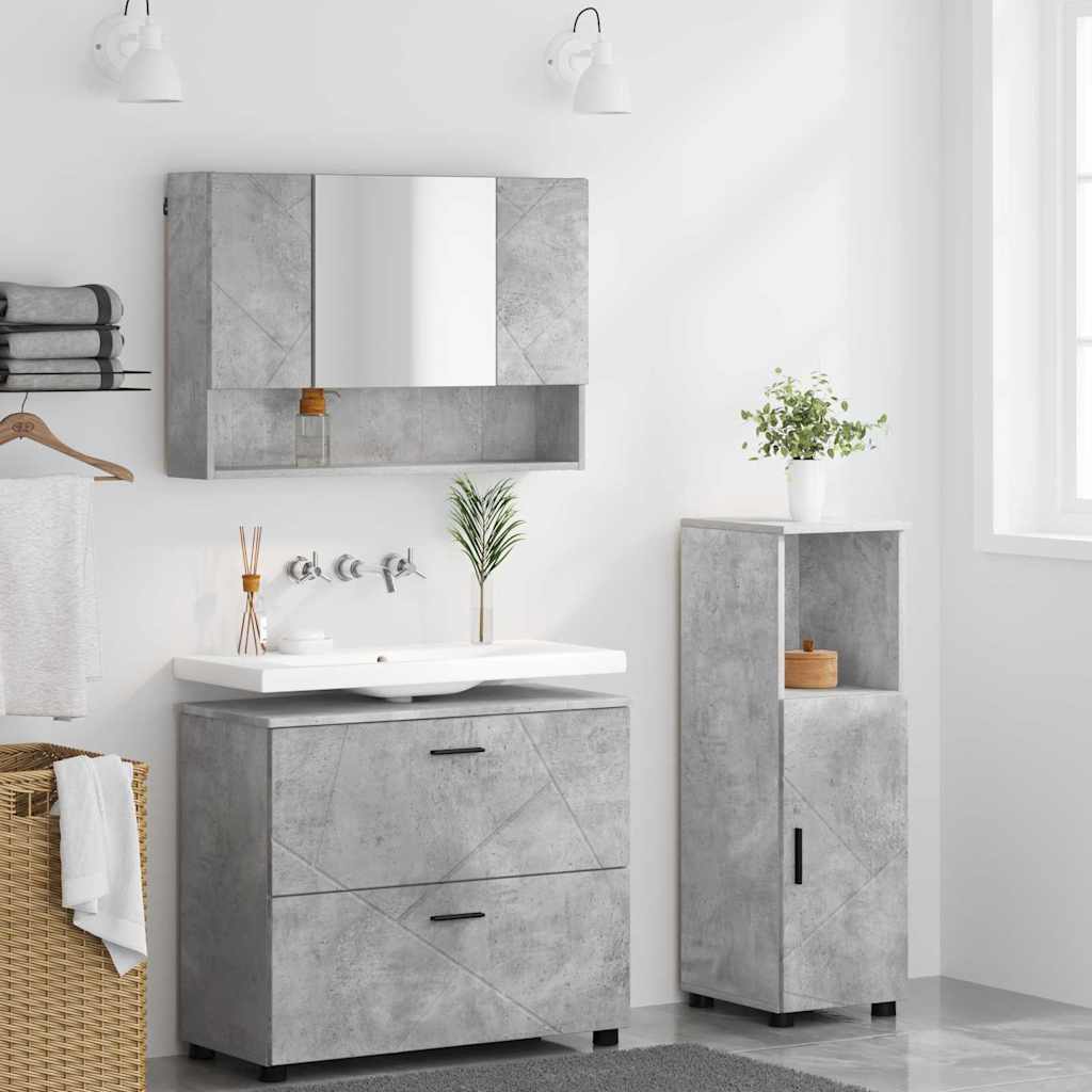 Badezimmermöbel-Set 3 pcs Beton Grau Sperrholz und Metall