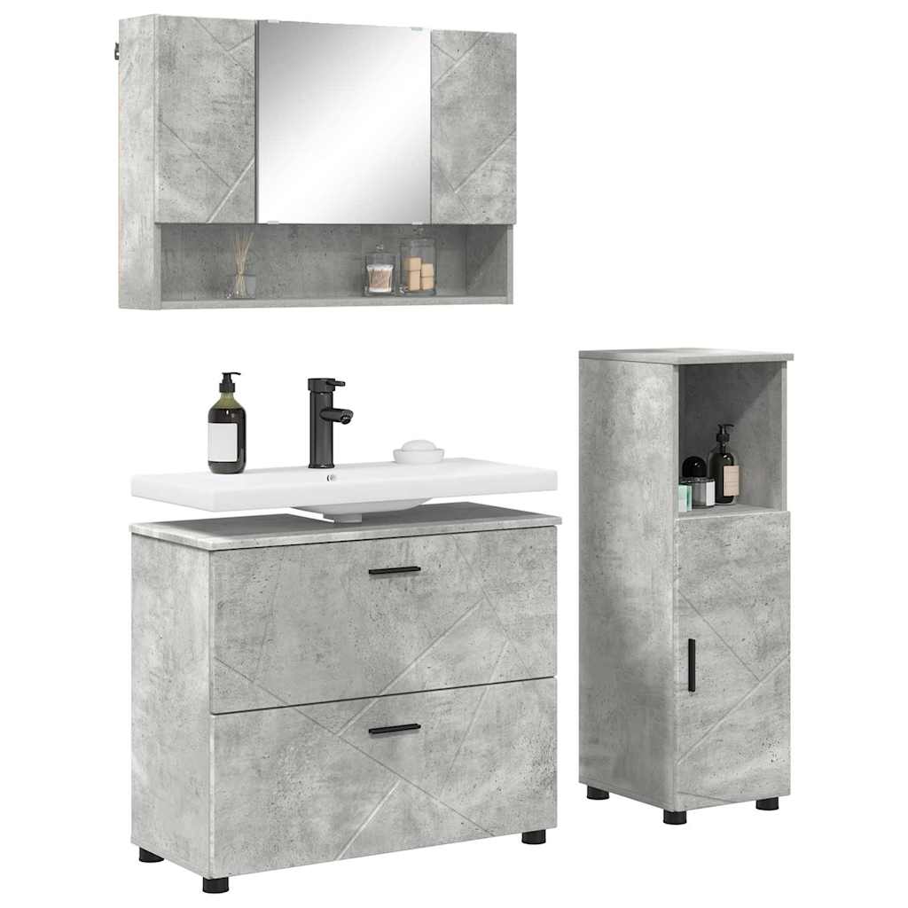 Badezimmermöbel-Set 3 pcs Beton Grau Sperrholz und Metall