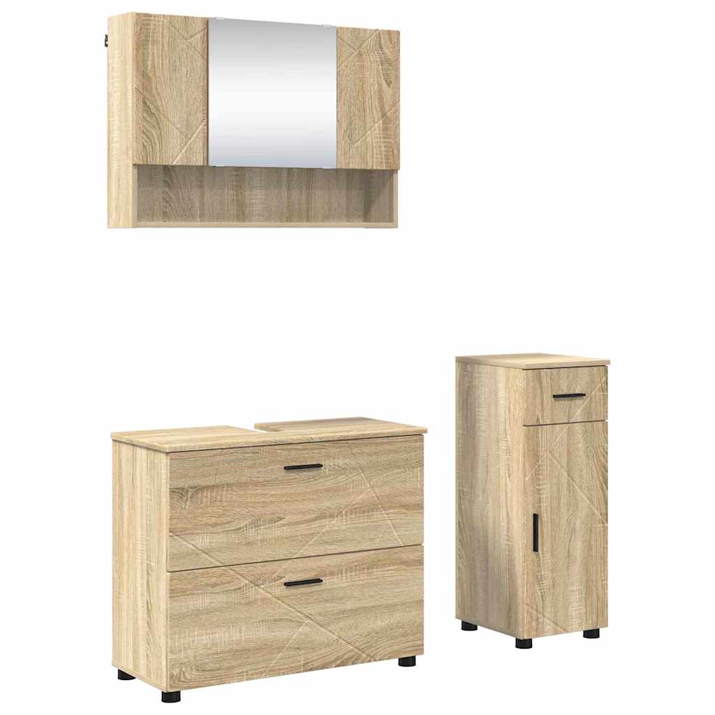 Badezimmermöbel-Set 3 pcs Sonoma-Eiche Sperrholz und Metall