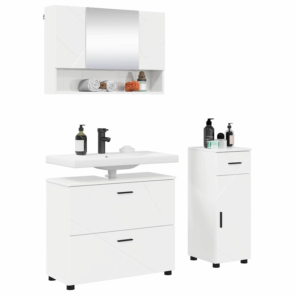 Badezimmermöbel-Set 3 pcs Hochglanz Weiß Sperrholz und Metall