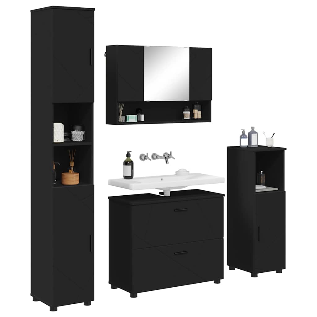 Badezimmermöbel-Set mit Tür 4 pcs Schwarz Sperrholz und Metall