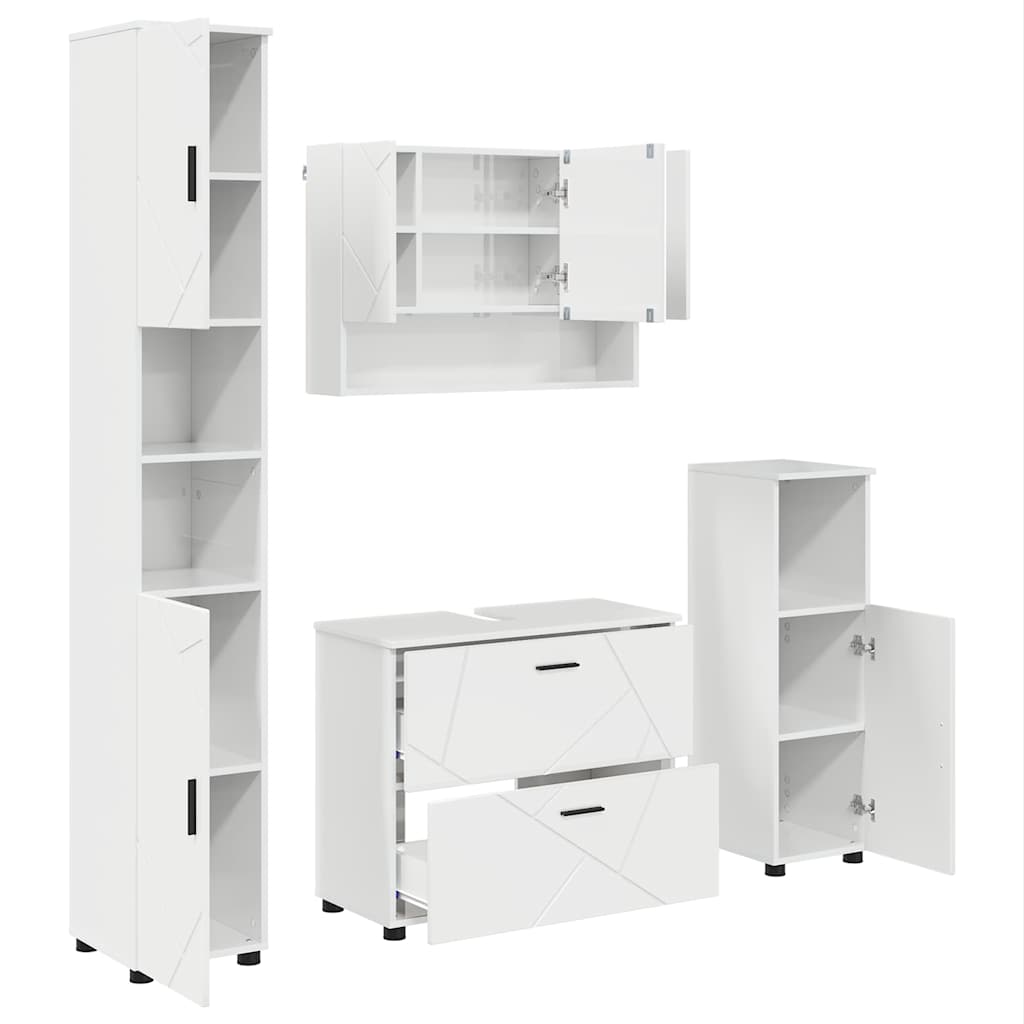 Badezimmermöbel-Set 4 pcs Hochglanz Weiß Sperrholz und Metall