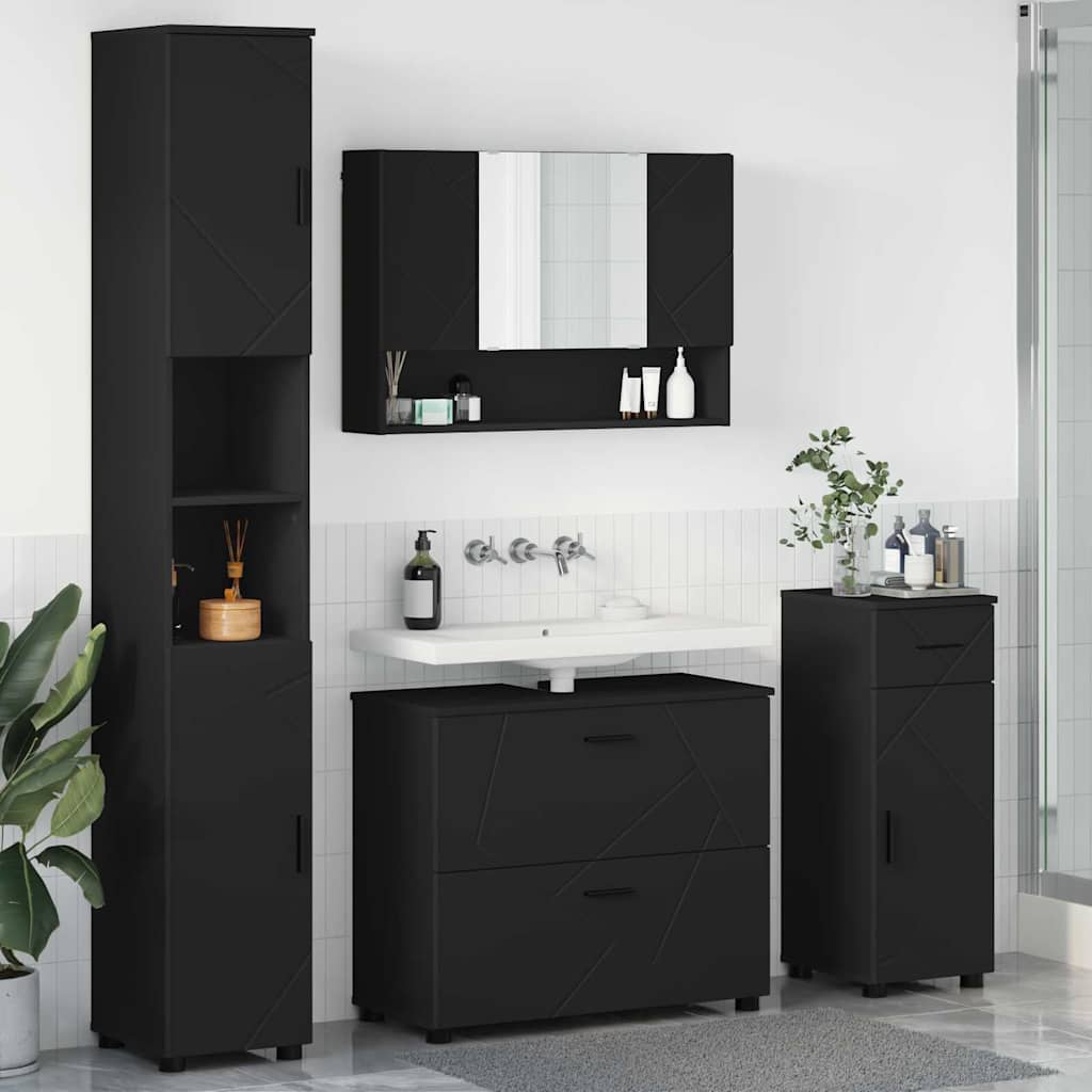 Badezimmermöbel-Set mit Tür 4 pcs Schwarz Sperrholz und Metall