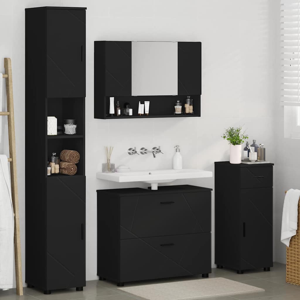 Badezimmermöbel-Set mit Tür 4 pcs Schwarz Sperrholz und Metall