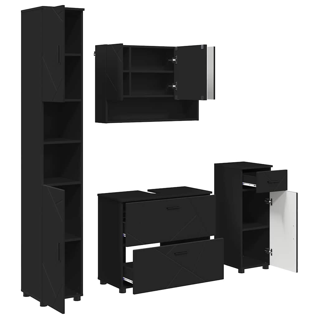 Badezimmermöbel-Set mit Tür 4 pcs Schwarz Sperrholz und Metall