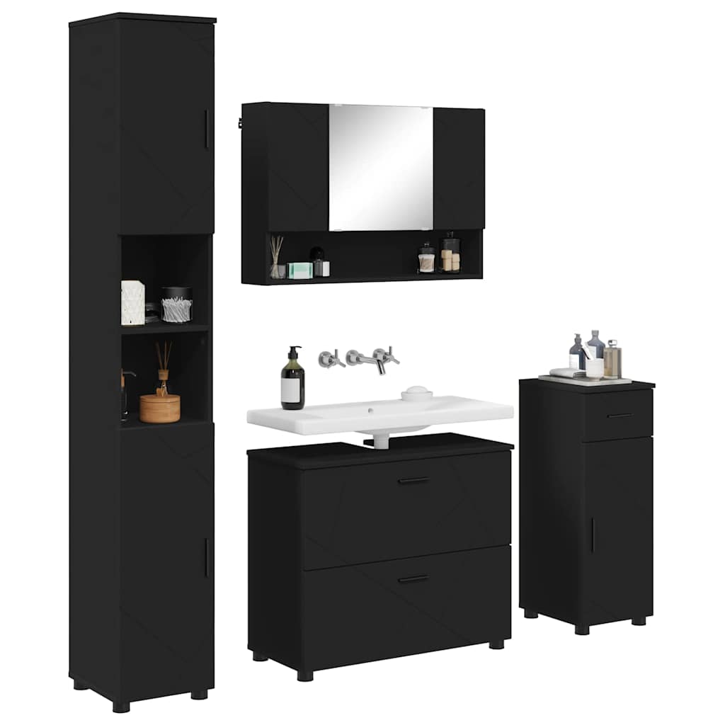 Badezimmermöbel-Set mit Tür 4 pcs Schwarz Sperrholz und Metall