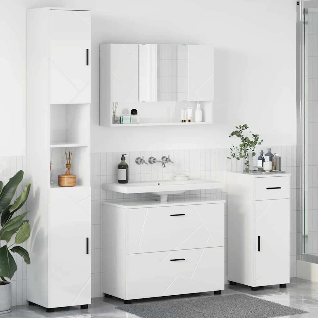 Badezimmermöbel-Set 4 pcs Hochglanz Weiß Sperrholz und Metall
