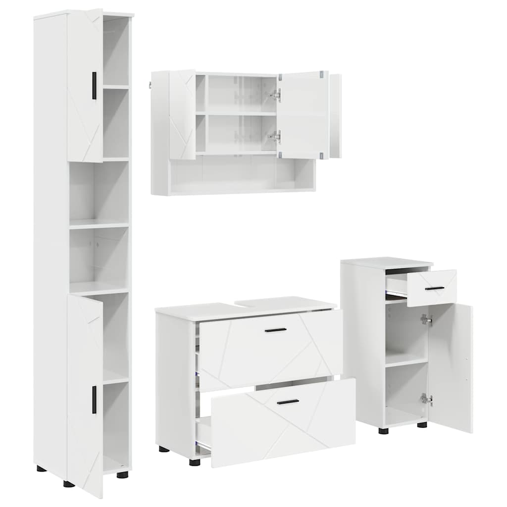 Badezimmermöbel-Set 4 pcs Hochglanz Weiß Sperrholz und Metall