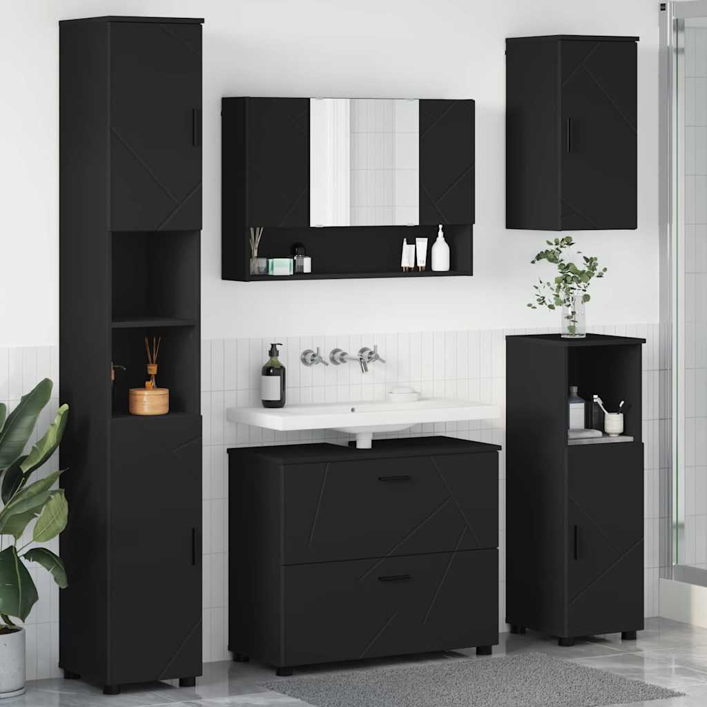 Badezimmermöbel-Set mit Tür 5 pcs Schwarz Sperrholz und Metall