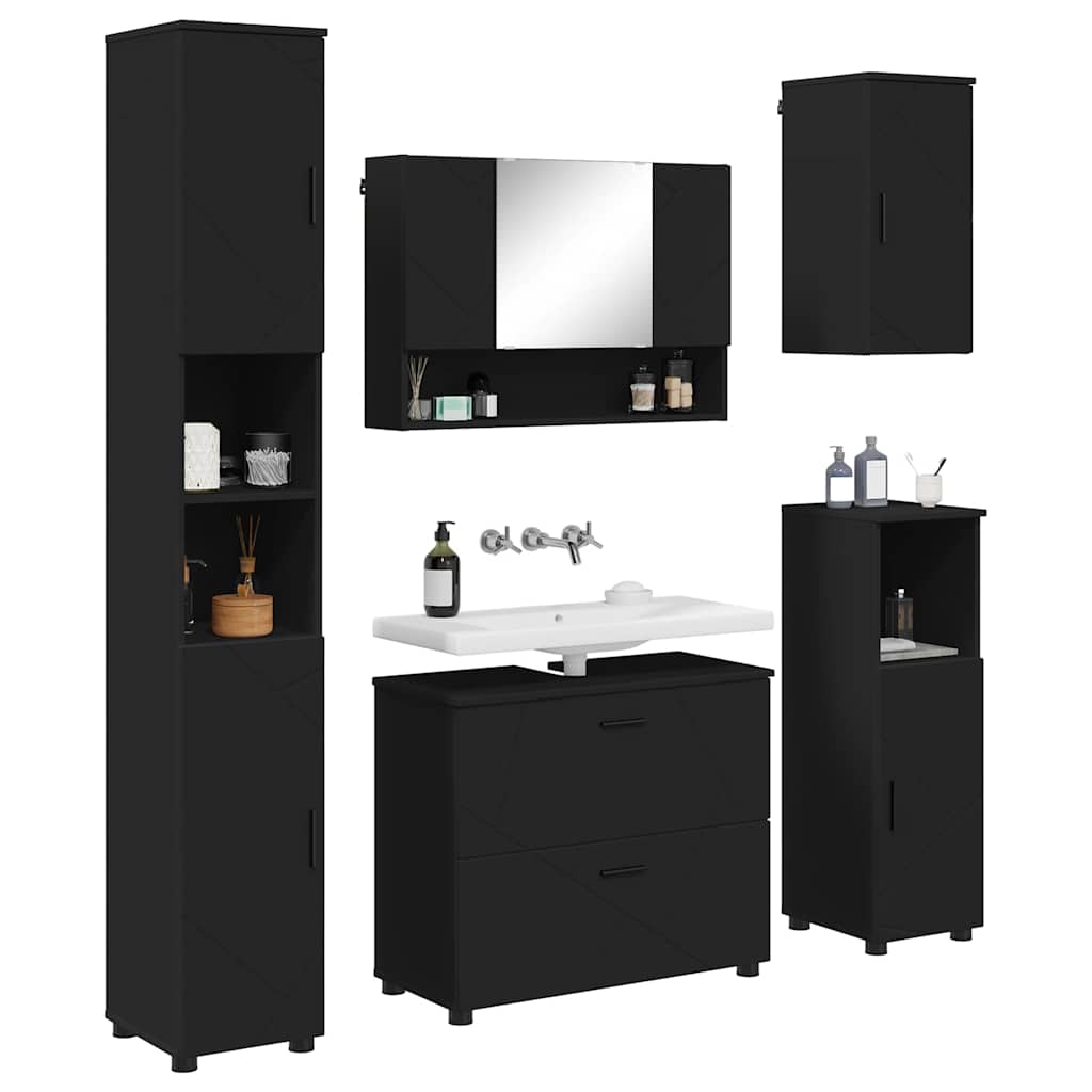 Badezimmermöbel-Set mit Tür 5 pcs Schwarz Sperrholz und Metall