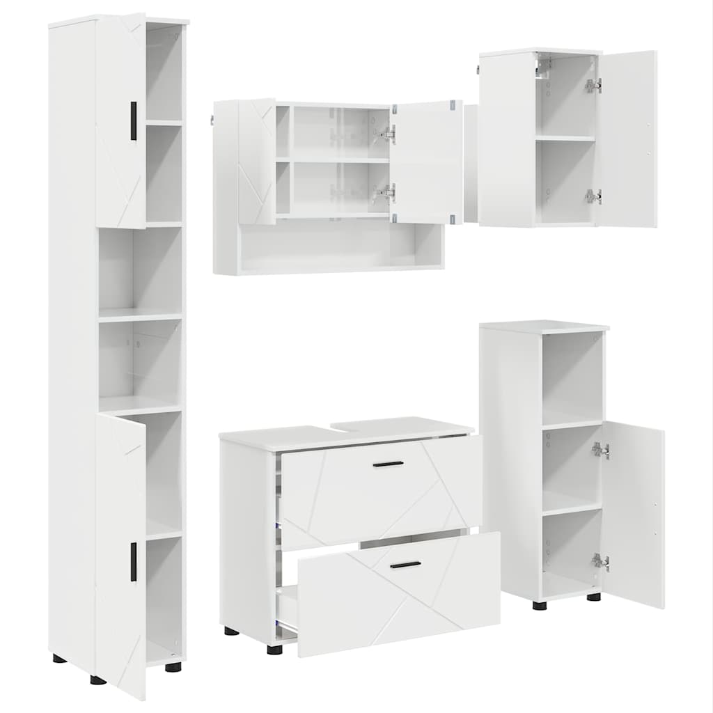 Badezimmermöbel-Set 5 pcs Hochglanz Weiß Sperrholz und Metall