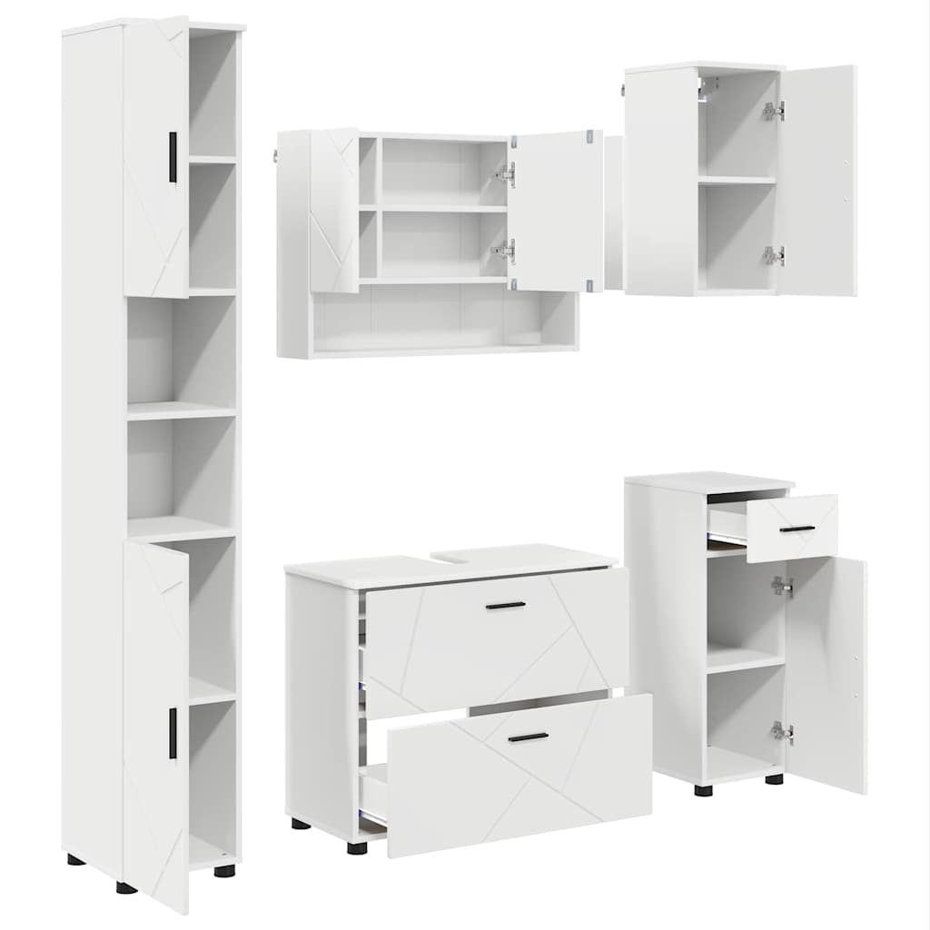 Badezimmermöbel-Set mit Regal 5 pcs Weiß Sperrholz und Metall
