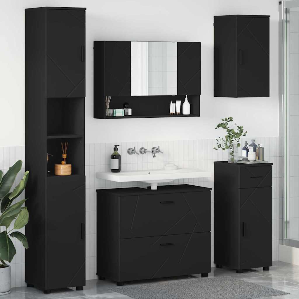 Badezimmermöbel-Set mit Tür 5 pcs Schwarz Sperrholz und Metall