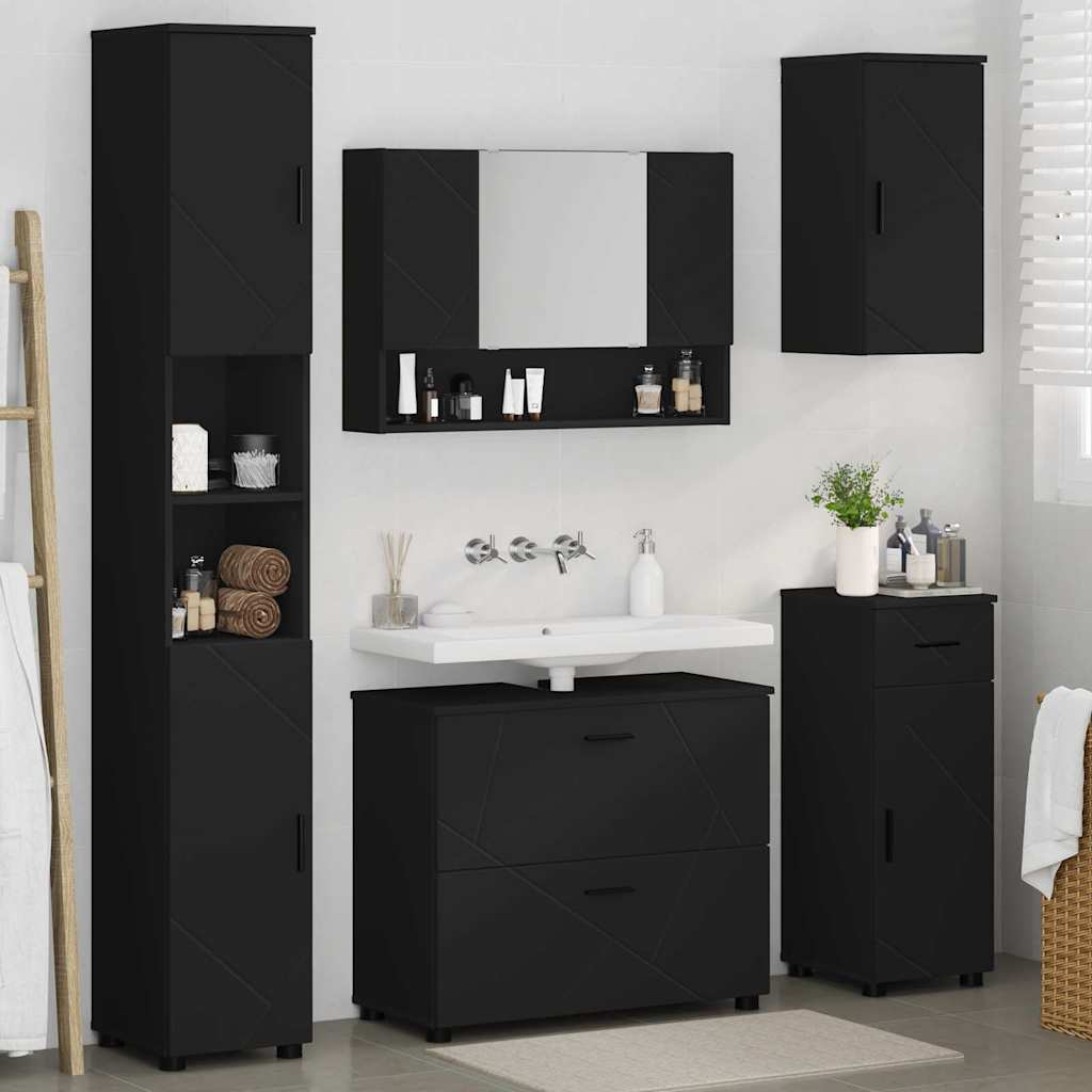 Badezimmermöbel-Set mit Tür 5 pcs Schwarz Sperrholz und Metall