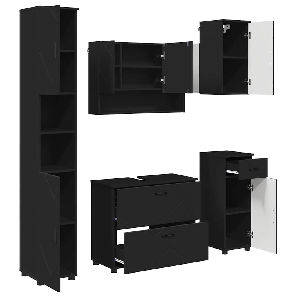 Badezimmermöbel-Set mit Tür 5 pcs Schwarz Sperrholz und Metall