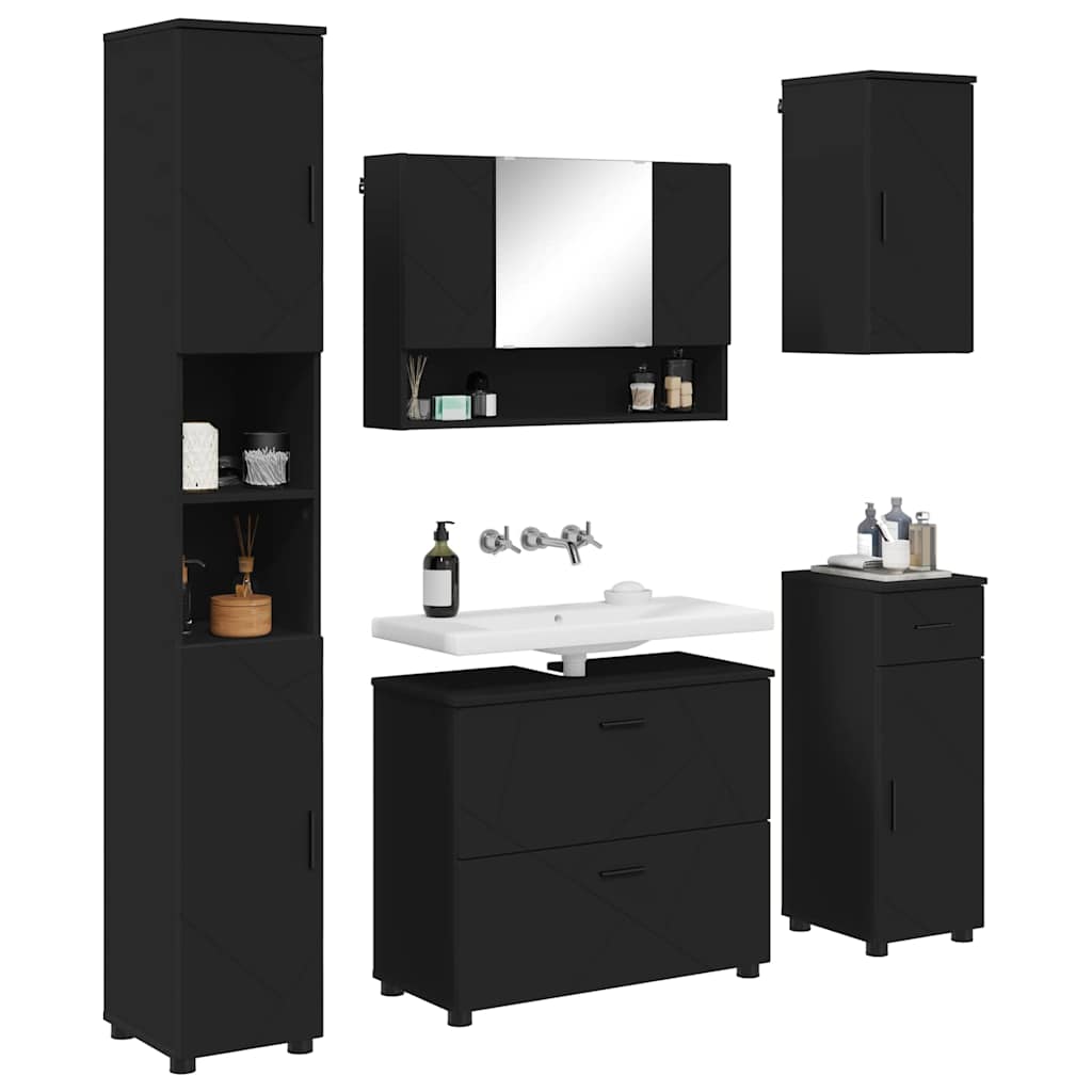 Badezimmermöbel-Set mit Tür 5 pcs Schwarz Sperrholz und Metall