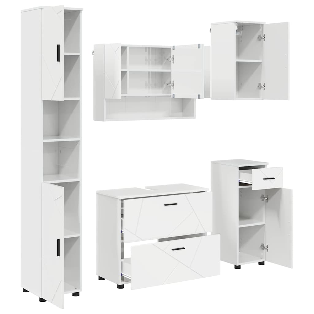Badezimmermöbel-Set 5 pcs Hochglanz Weiß Sperrholz und Metall