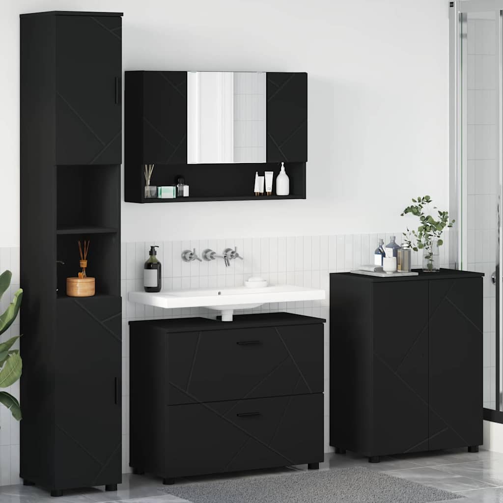 Badezimmermöbel-Set mit Tür 4 pcs Schwarz Sperrholz und Metall