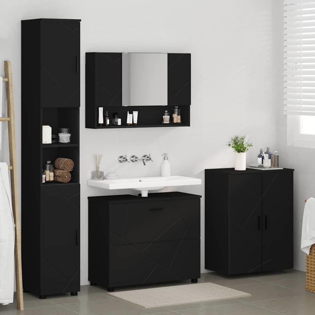 Badezimmermöbel-Set mit Tür 4 pcs Schwarz Sperrholz und Metall